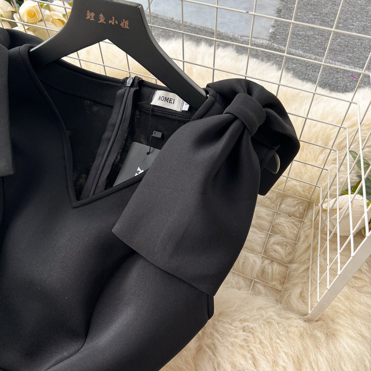V-neck Black Mesh Patchwork Dress