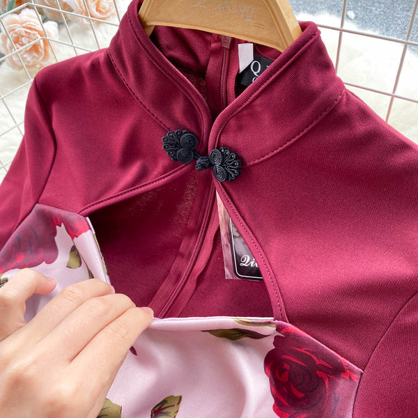 Niche Color Blocking Printed Floral Dress