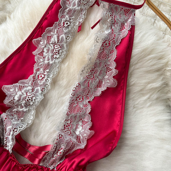 Red Lace Patchwork Cut-out Halter Dress