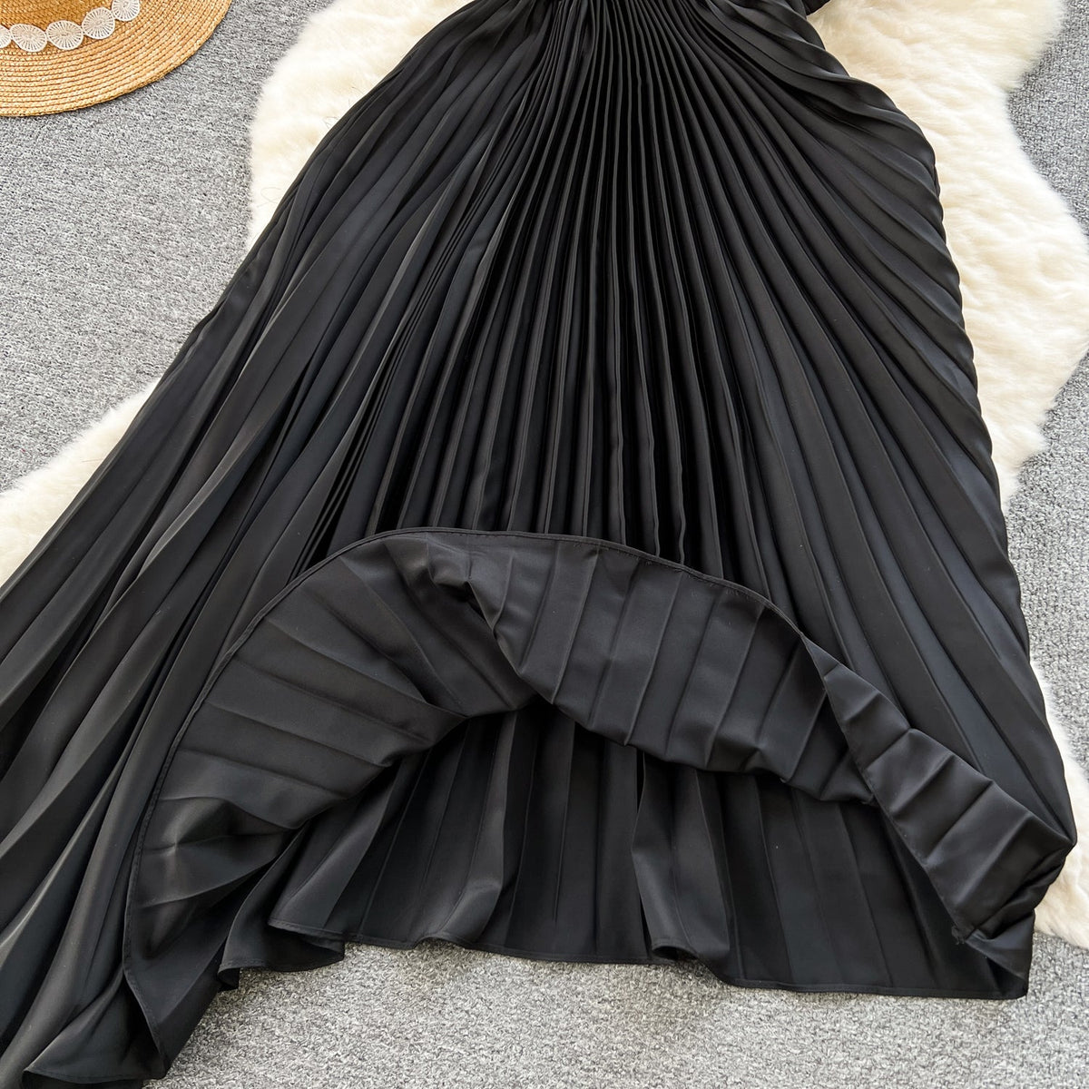 Slant Neckline Pleated Black Dress