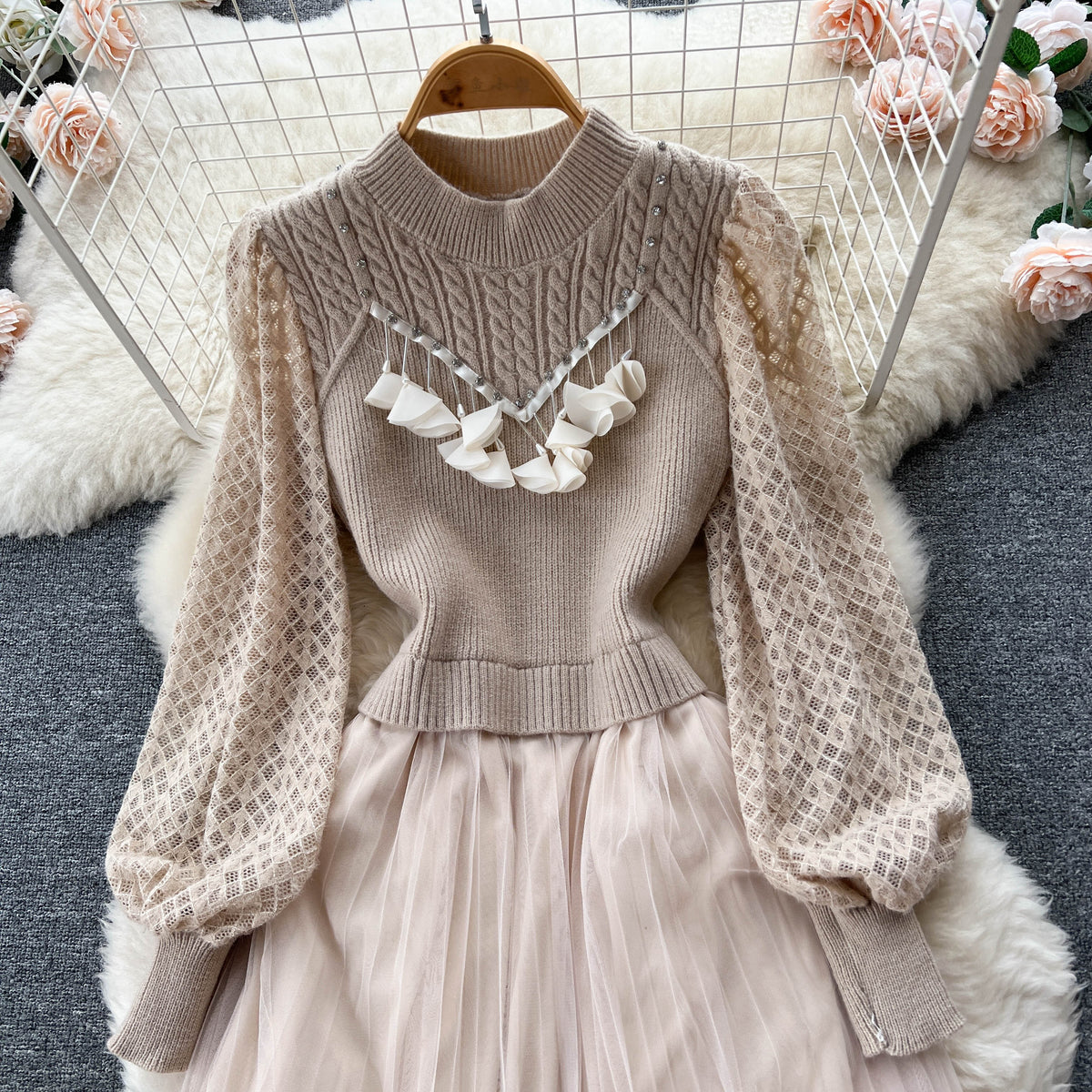Patchwork Hollowed Mesh Over-knee Dress