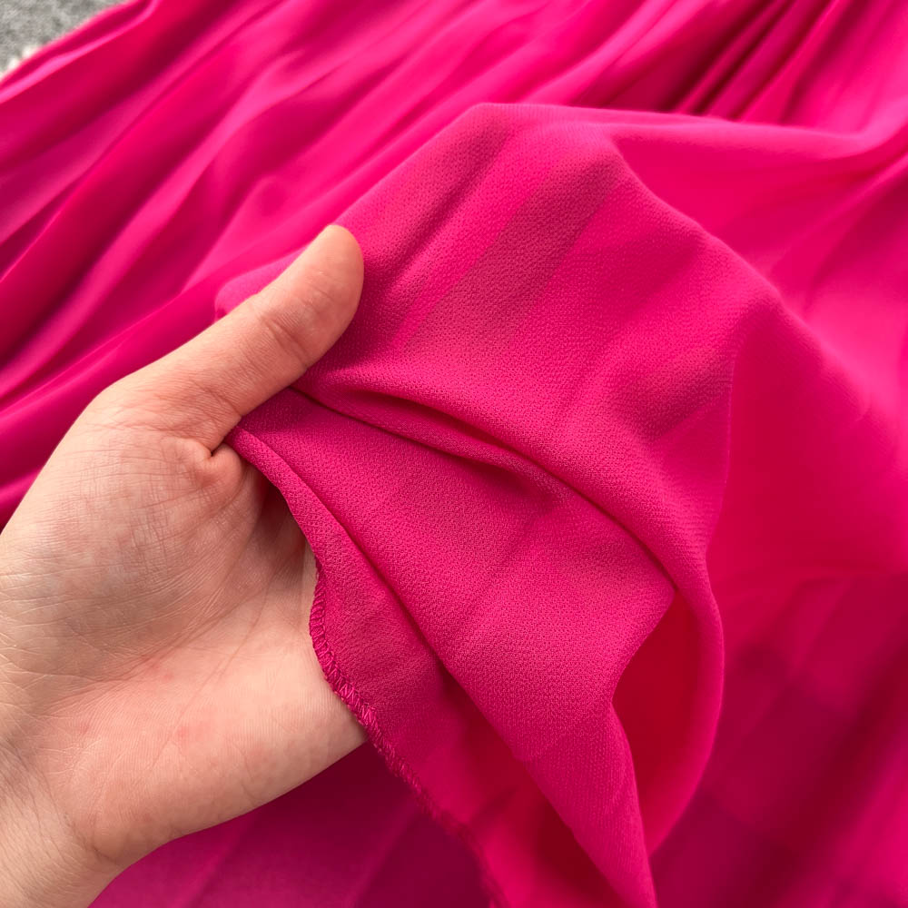 Rose Red Pleated V-neck Halter Dress