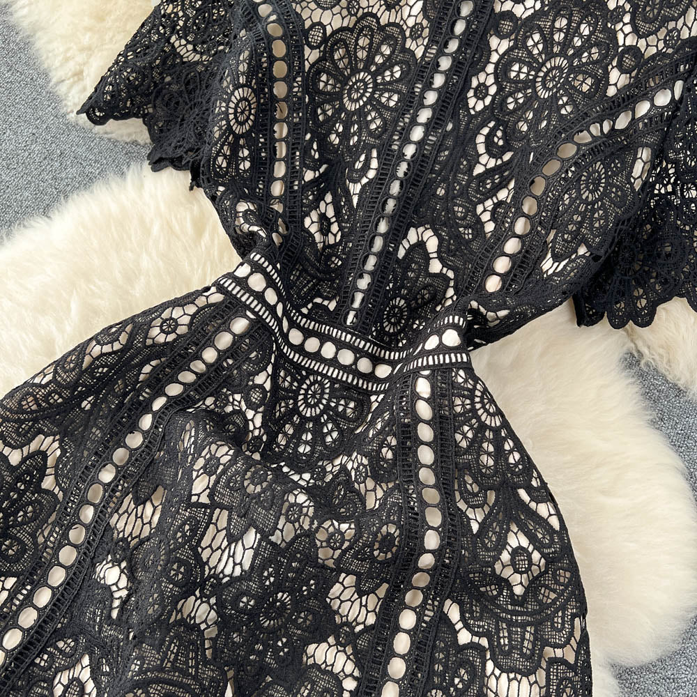 Premium Round Collar Embroidery Lace Dress