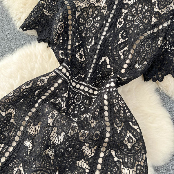 Premium Round Collar Embroidery Lace Dress