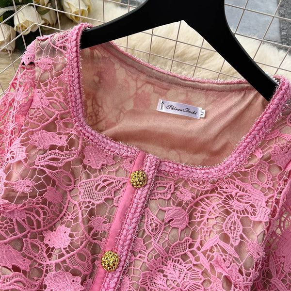Pink Lace Embroidered Hollowed Dress