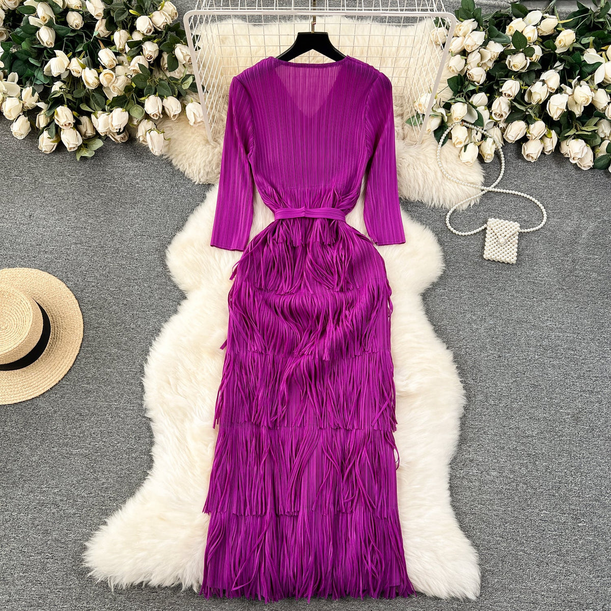 Delicate V-neck Fringed Pleat Dress