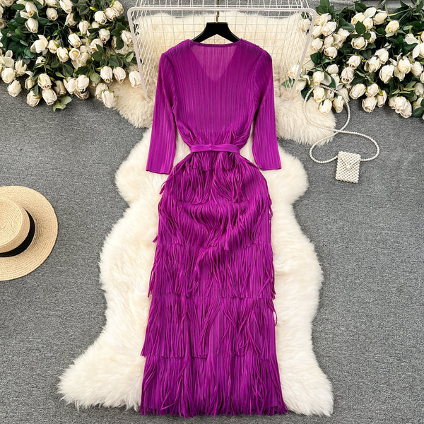 Delicate V-neck Fringed Pleat Dress
