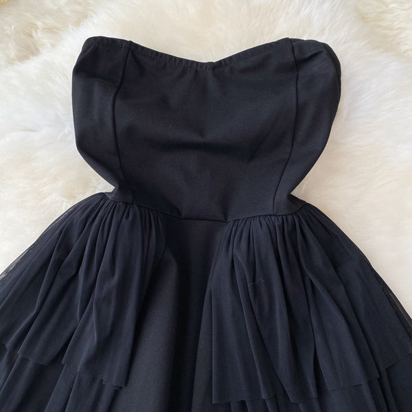 Vintage Off-shoulder Puffy Mesh Black Dress