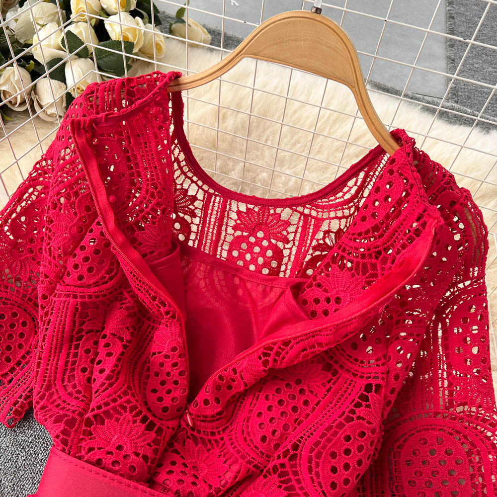 Crochet Lace Hollowed Long-sleeve Dress