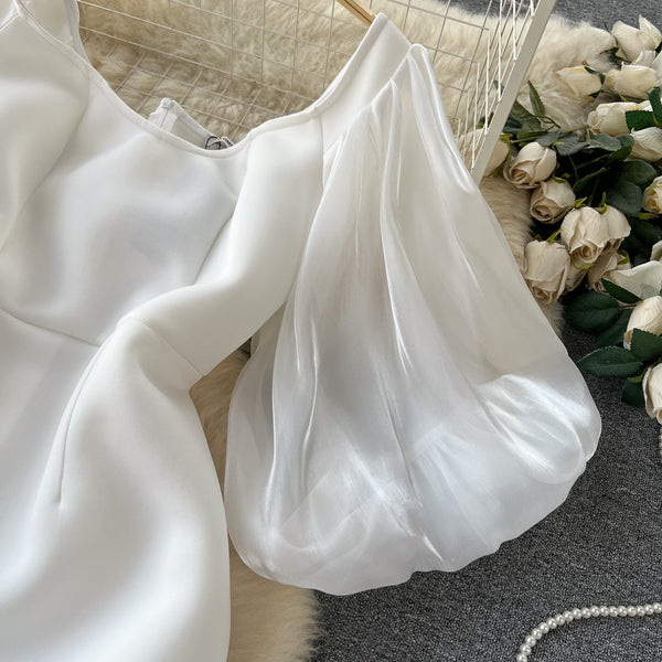 Puffy Sleeve Patchwork White Dress