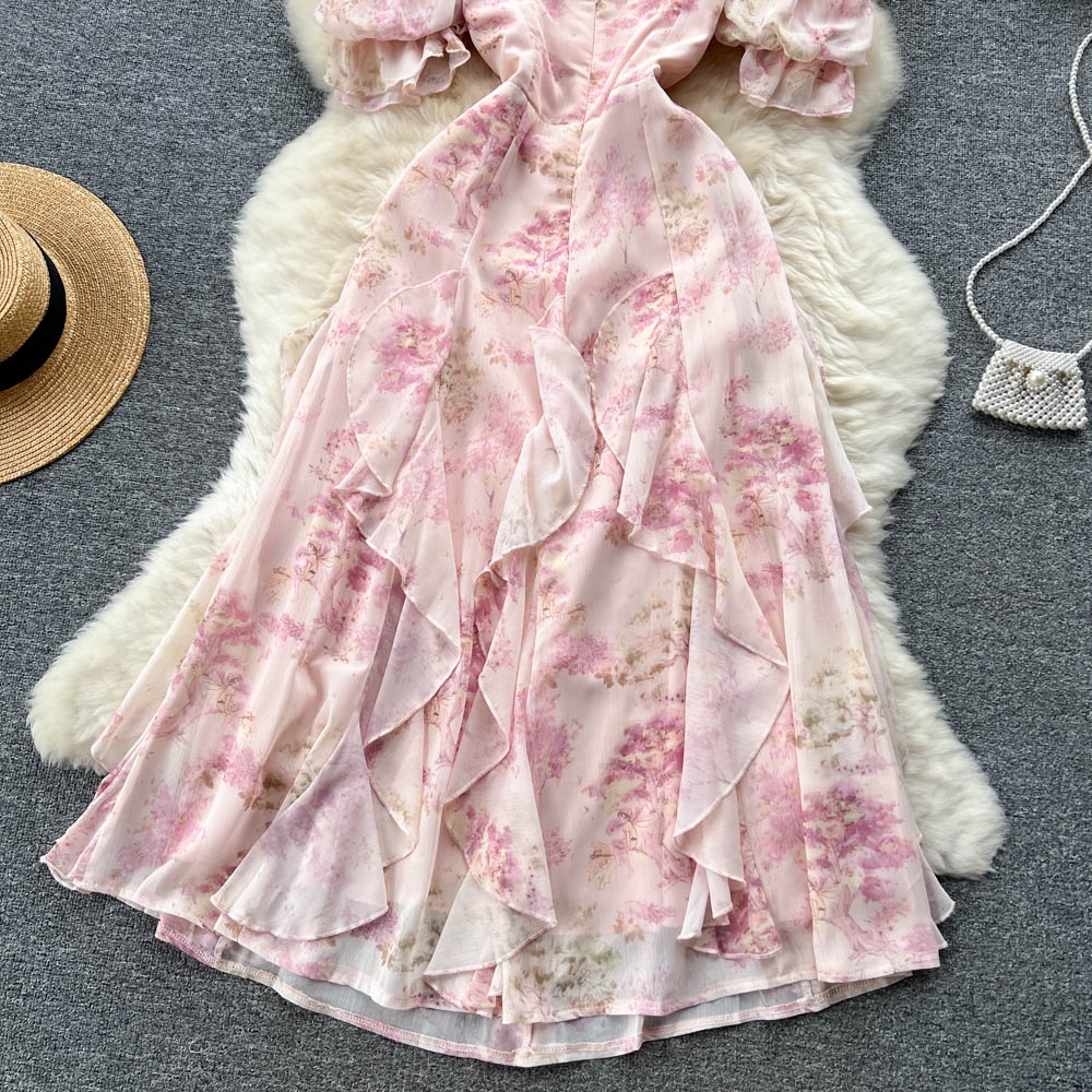 Sweet Irregular Design Pink Floral Dress