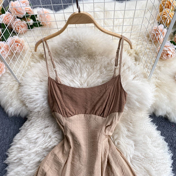 Color Blocking Square Collar Suspender Dress