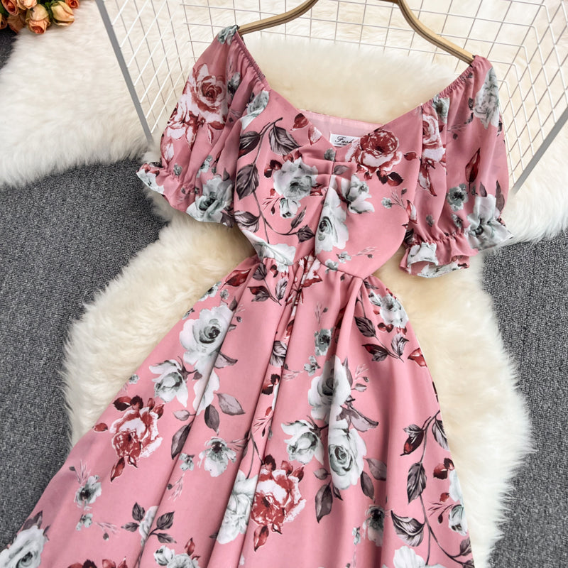 Waist-slimming V-neck Floral Chiffon Dress