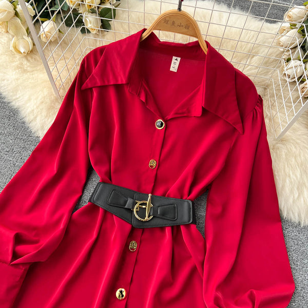 Solid Color Lace-up Shirt Dress with Waistbelt
