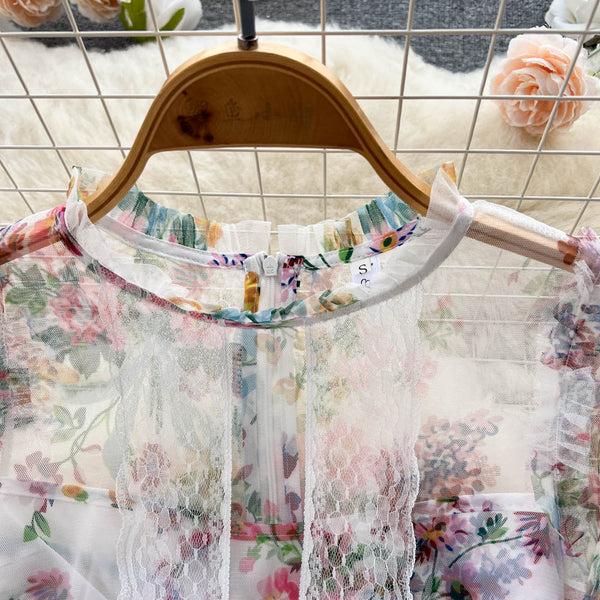 Sweet Floral Printed Lace Dress