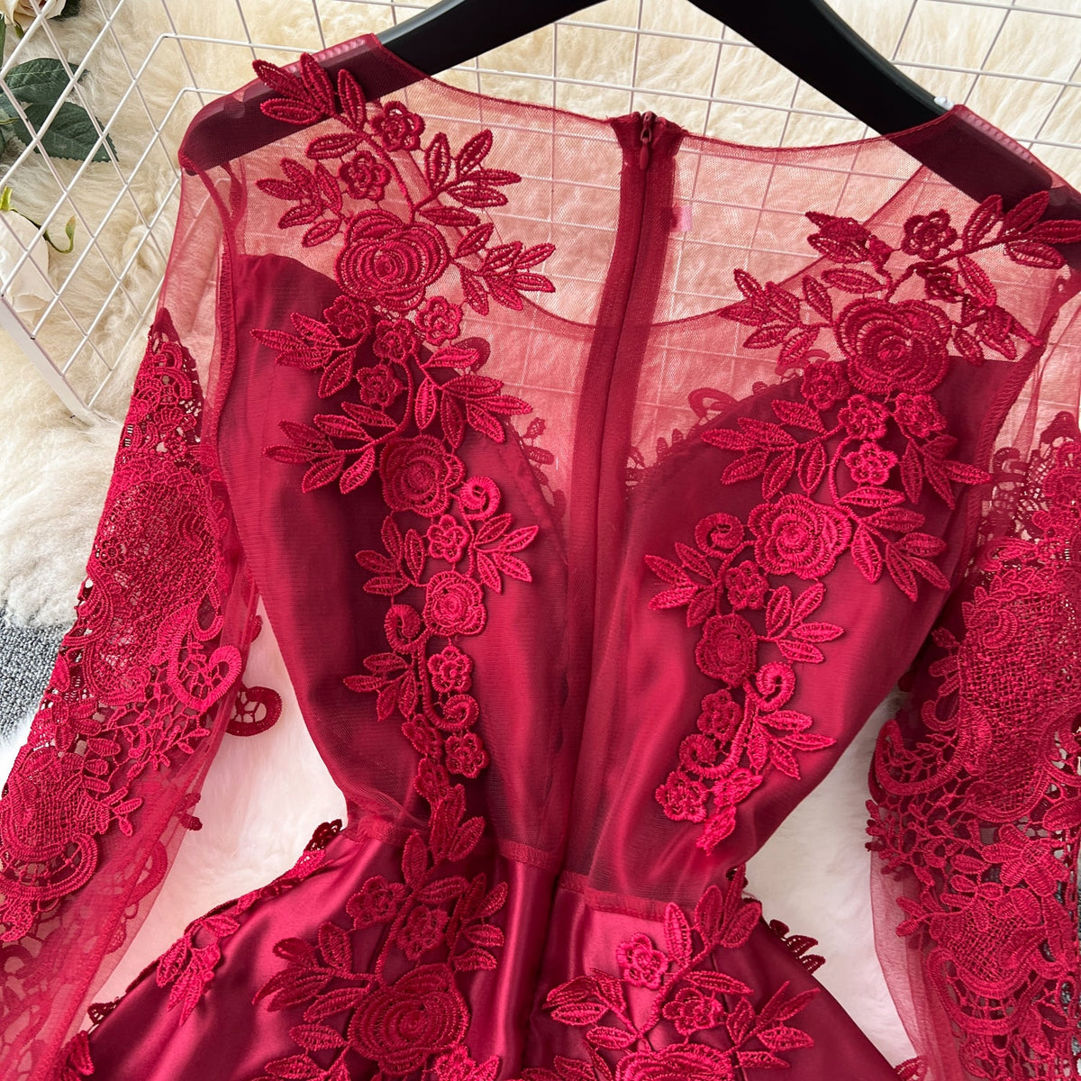 Wine Red Delicate Embroidered Dress
