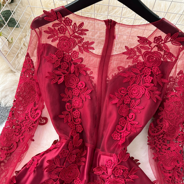 Wine Red Delicate Embroidered Dress