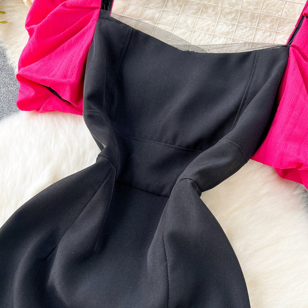 Rose Red Puffy Sleeve Black Dress