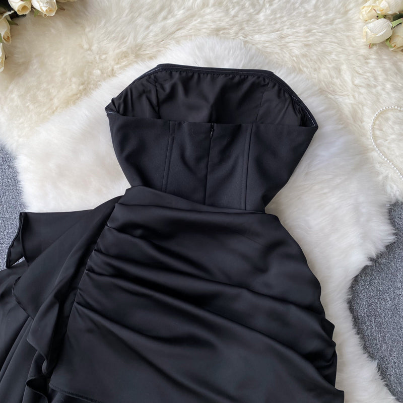 Pressed Ruffle Sheath Black Dress