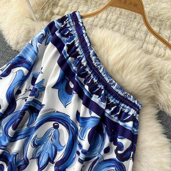 Irregular Celadon Printed One-shoulder Dress