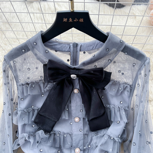 Bow-tie Beaded Layered Mesh Dress
