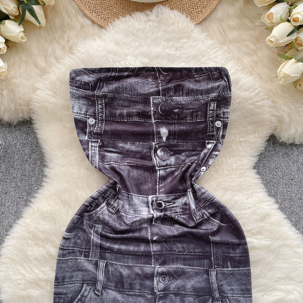 Niche Strapless Denim Printed Dress