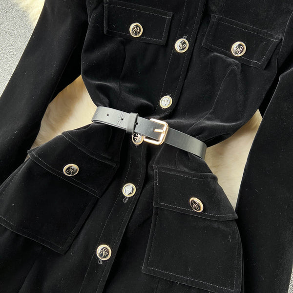 Vintage Single-breasted Black Velvet Dress