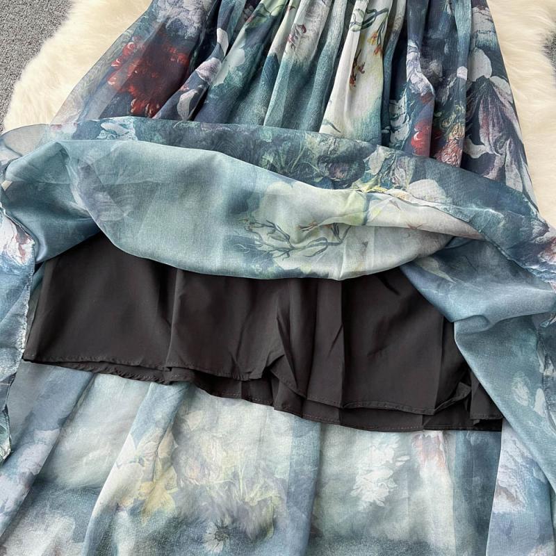 V-neck Denim Patchwork Chiffon Dress