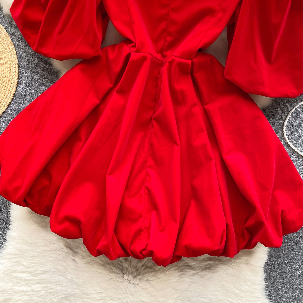 Vintage V-neck Puffy Suede Dress