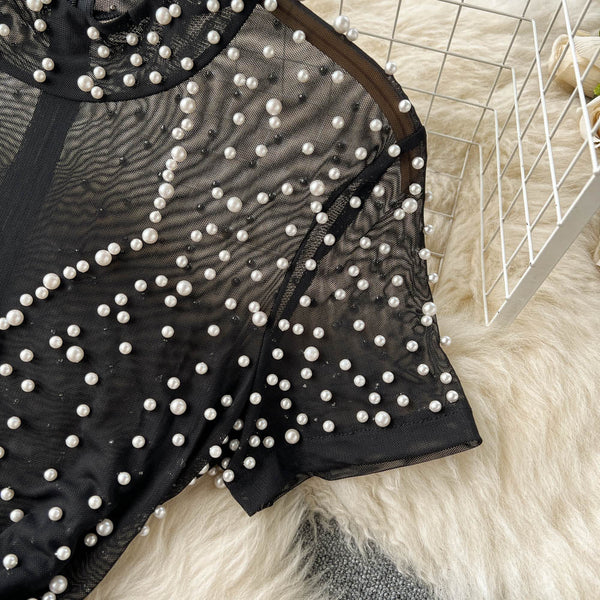Beaded Patchwork Split Black Dress