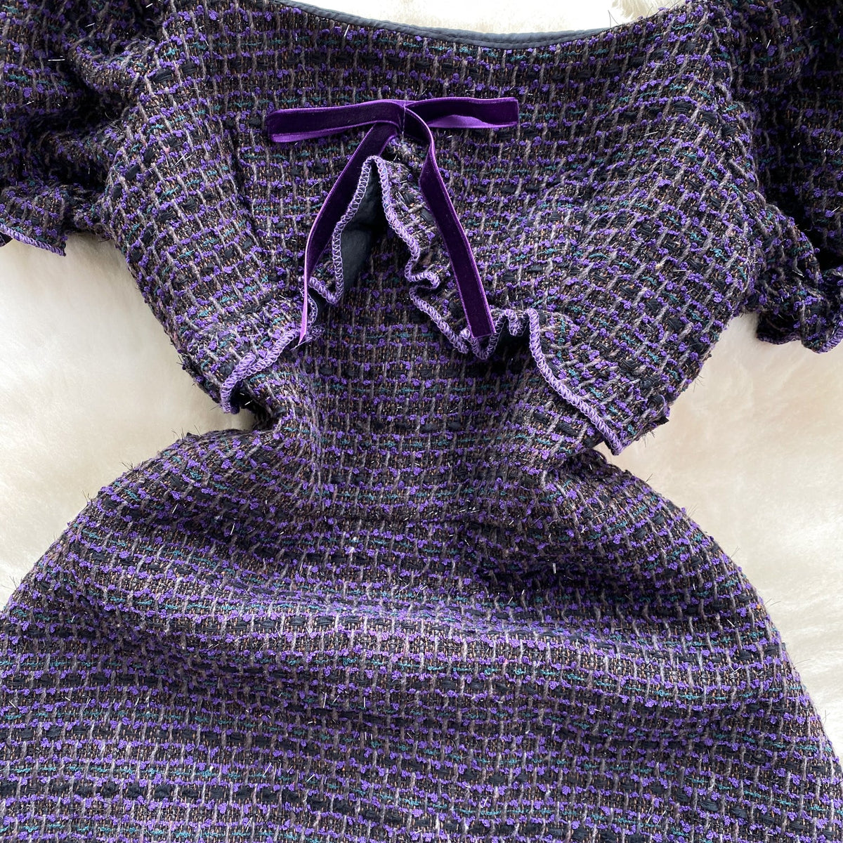 Delicate Puffy Sleeve Purple Ruffled Dress