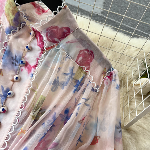 Fairy Flared Sleeve Floral Chiffon Dress