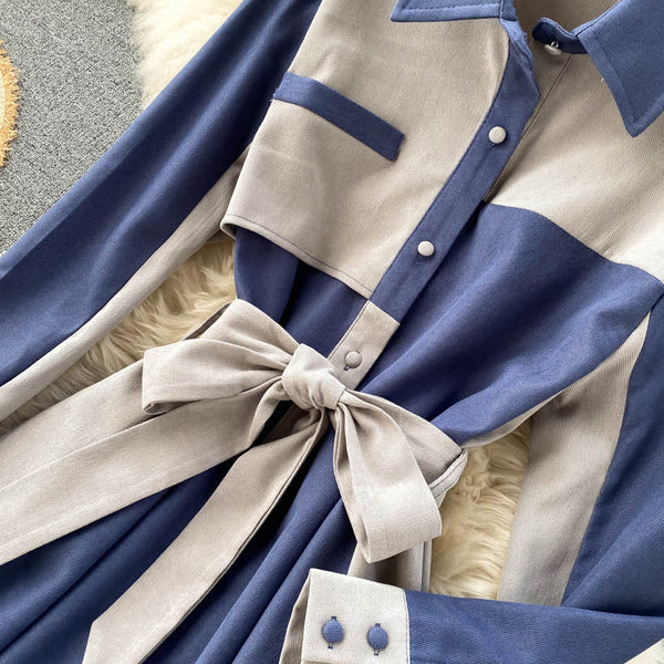 Lapel Patchwork Lace-up Coat Dress