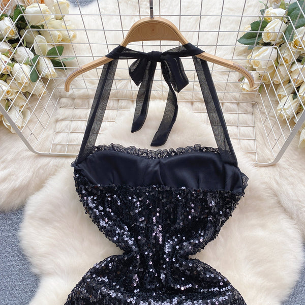Sequined Mesh Halter Black Dress