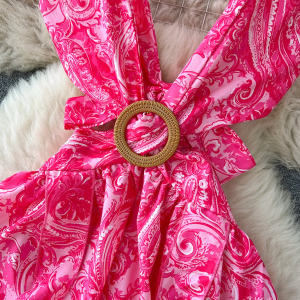 V-neck Backless Ruffled Floral Dress
