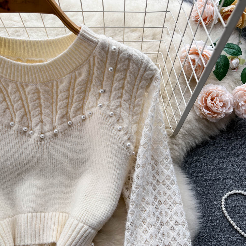 Elegant Beaded Lace Knitted White Dress