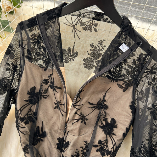 See-through Embroidered Black Mesh Dress