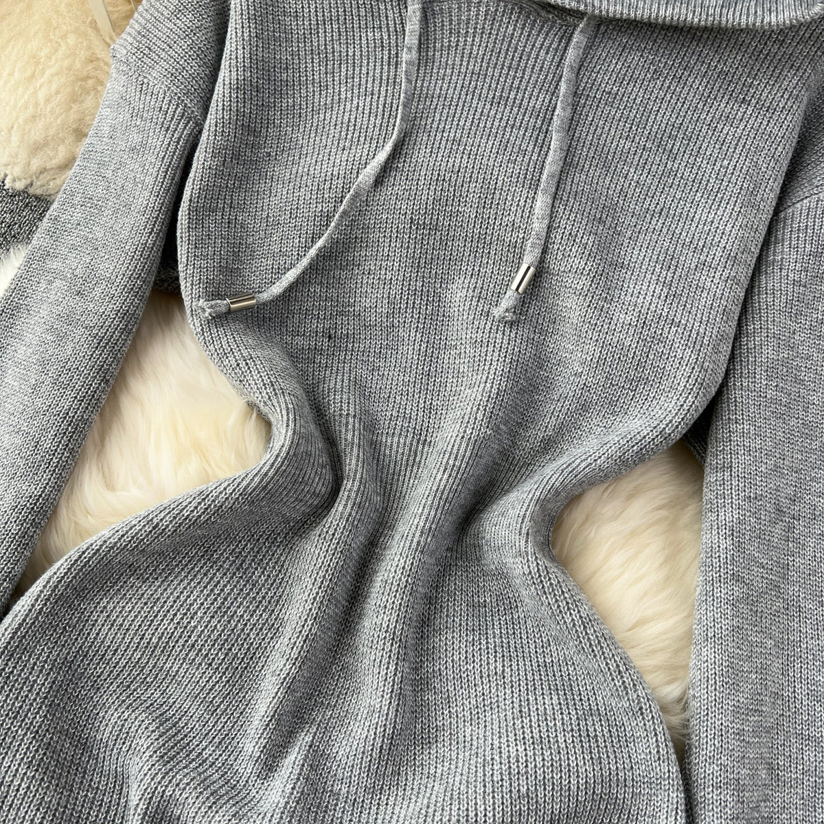 Hooded Drawstring Stretchy Knitted Dress