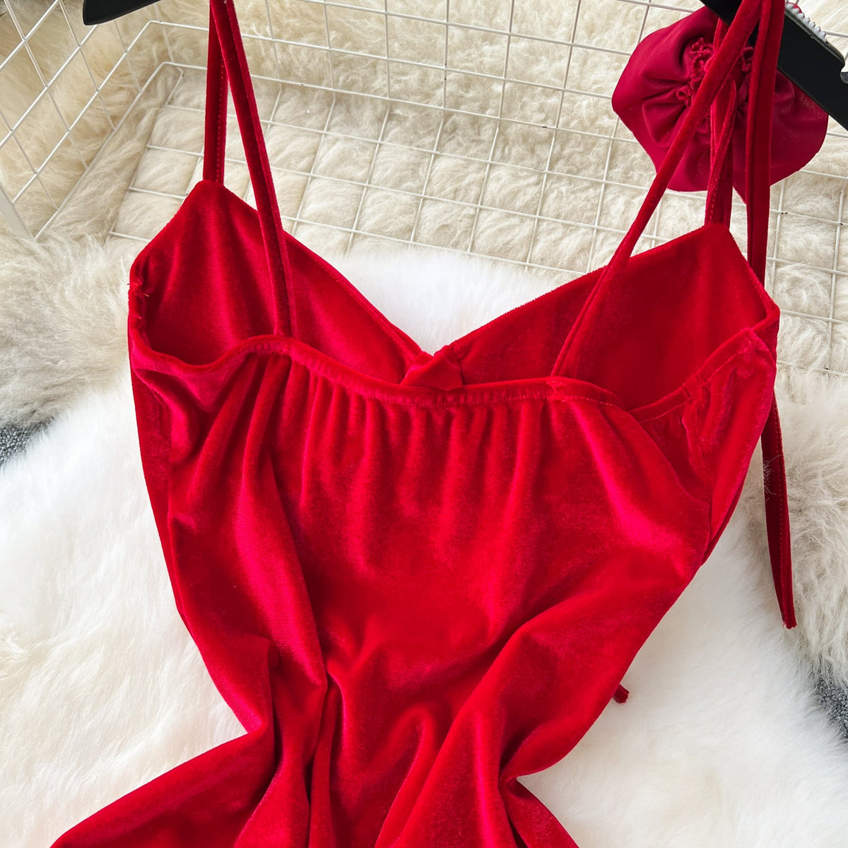 Vintage Red Velvet Ruffled Slip Dress