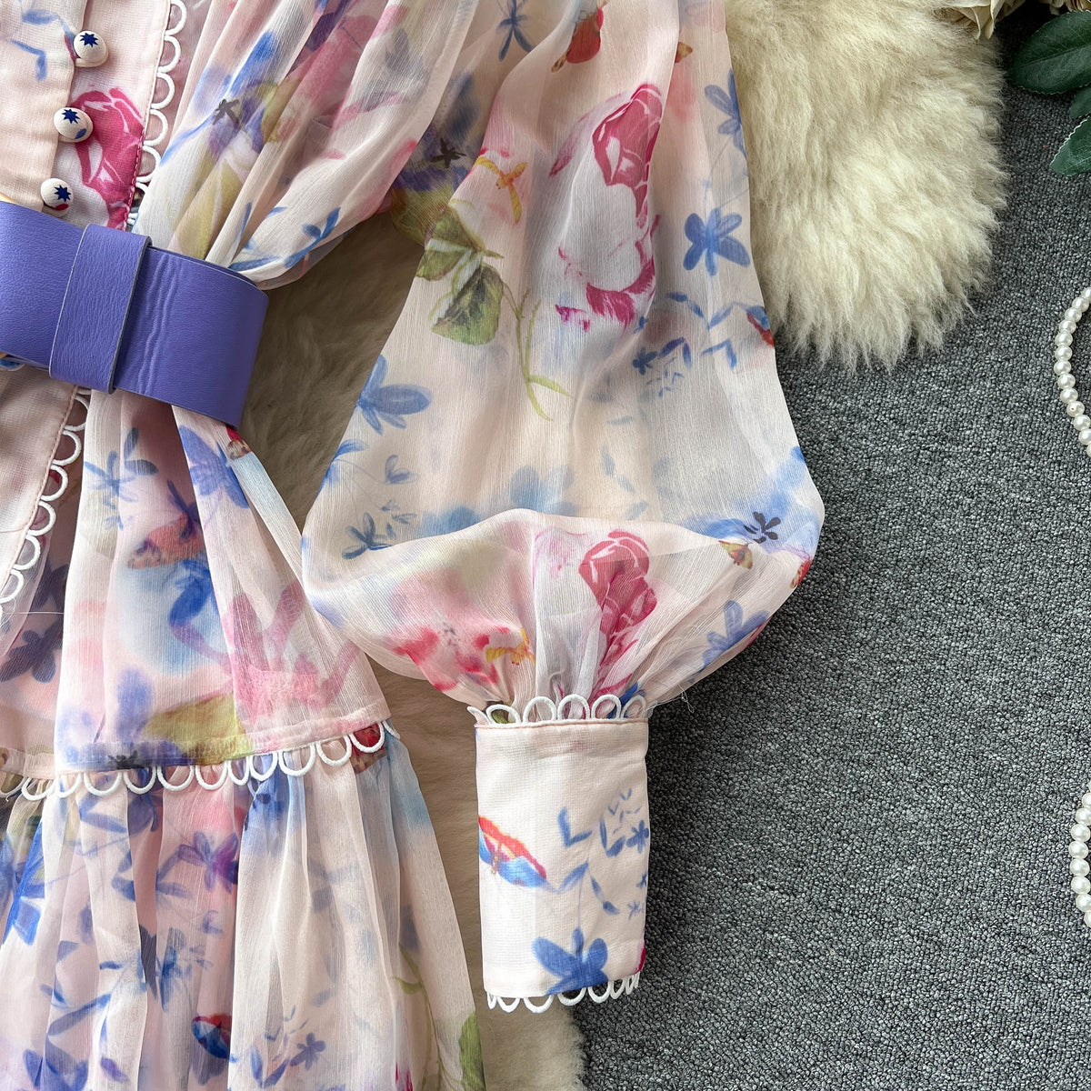 Fairy Flared Sleeve Floral Chiffon Dress