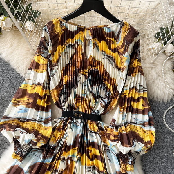 Puffy Sleeve Pleated Printed Dress