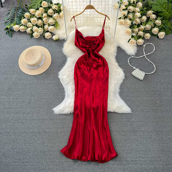 Vintage Draped Glossy Red Slip Dress