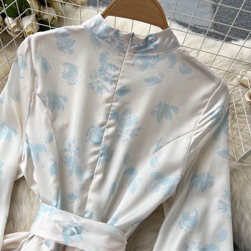 Stand Collar Patchwork Floral Chiffon Dress