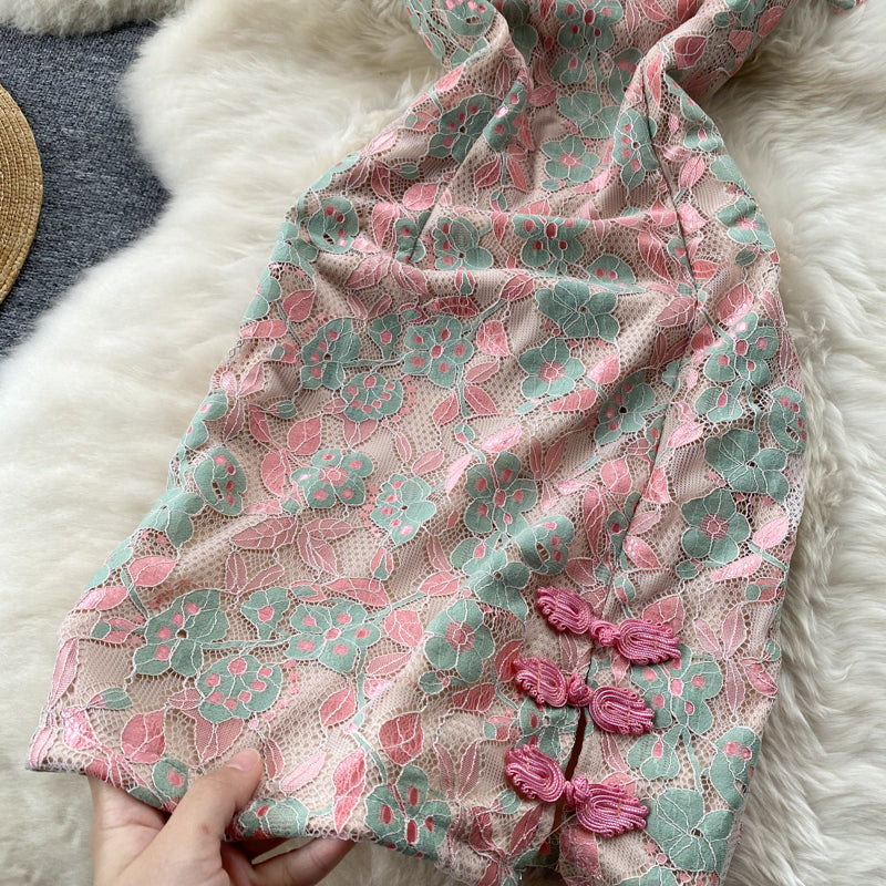 Embroidered Floral Printed Slit Cheongsam Dress