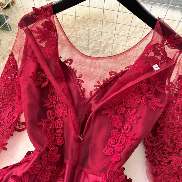 Wine Red Delicate Embroidered Dress