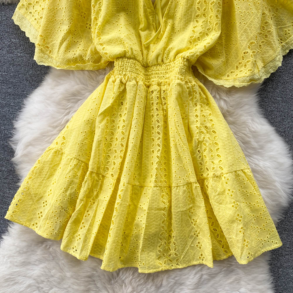 Cut-out Hollowed Puff Sleeve Dress