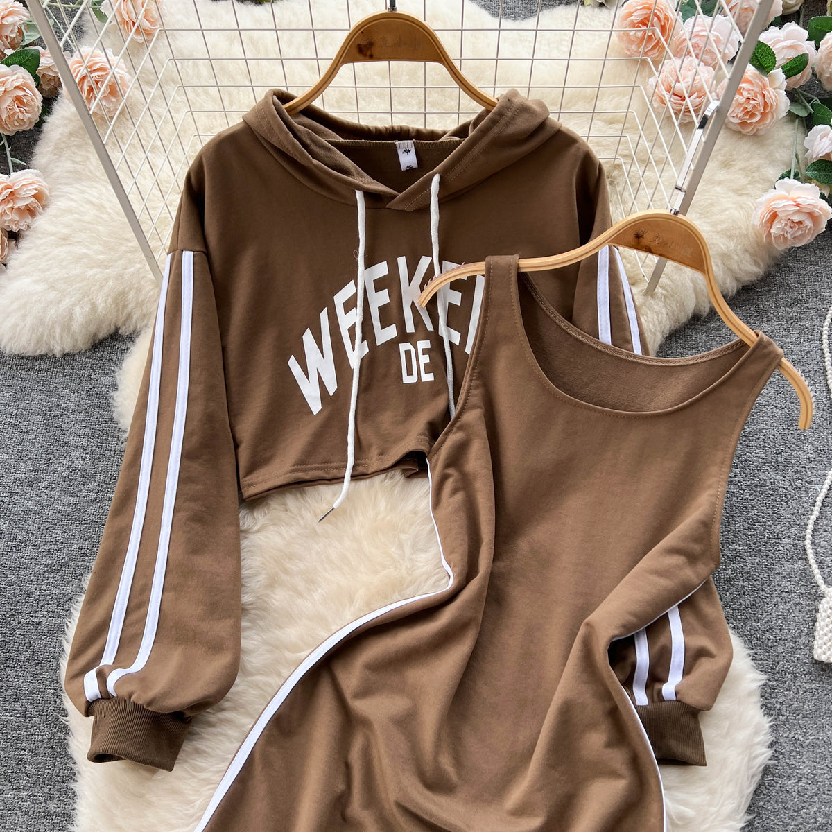 Letter Printed Hoodie&Halter Dress 2Pcs