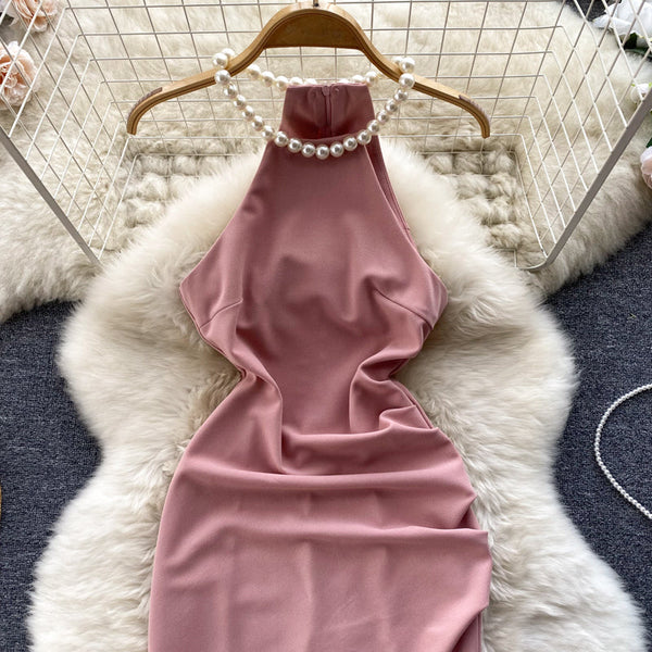 Sleeveless Pink Dress with Pearl Neckline