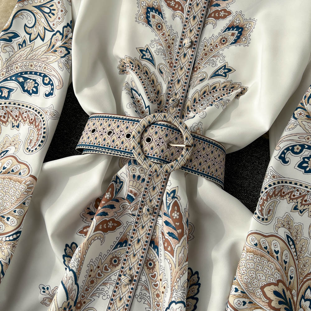 Vintage Printed Round-neck Pleated Dress
