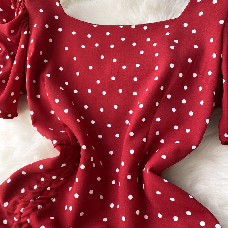 Square Neck Polka Dot Pleated Dress
